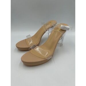 ZriRy Womens Clear Block Heel Ankle‎ Wrap Platform Sandals Nude Size 8 Lucite